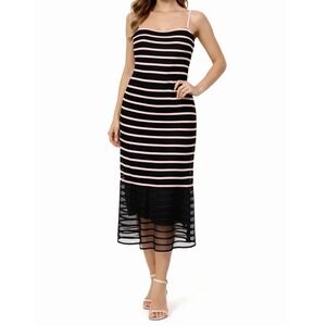 JS Collections Women's US14 Black Beige Cocktail Dress Striped Satin Mesh Mini